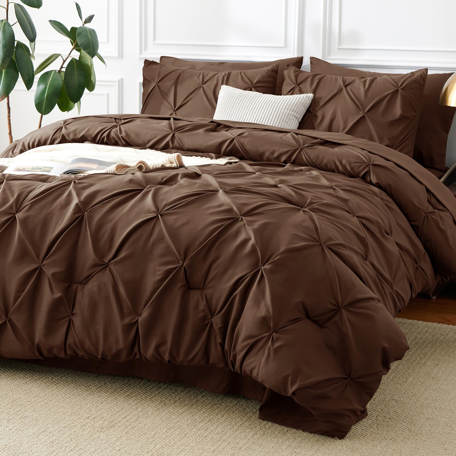 CozyLux King Size Comforter Set Brown, 7 Pieces Pintuck Bed in a Bag