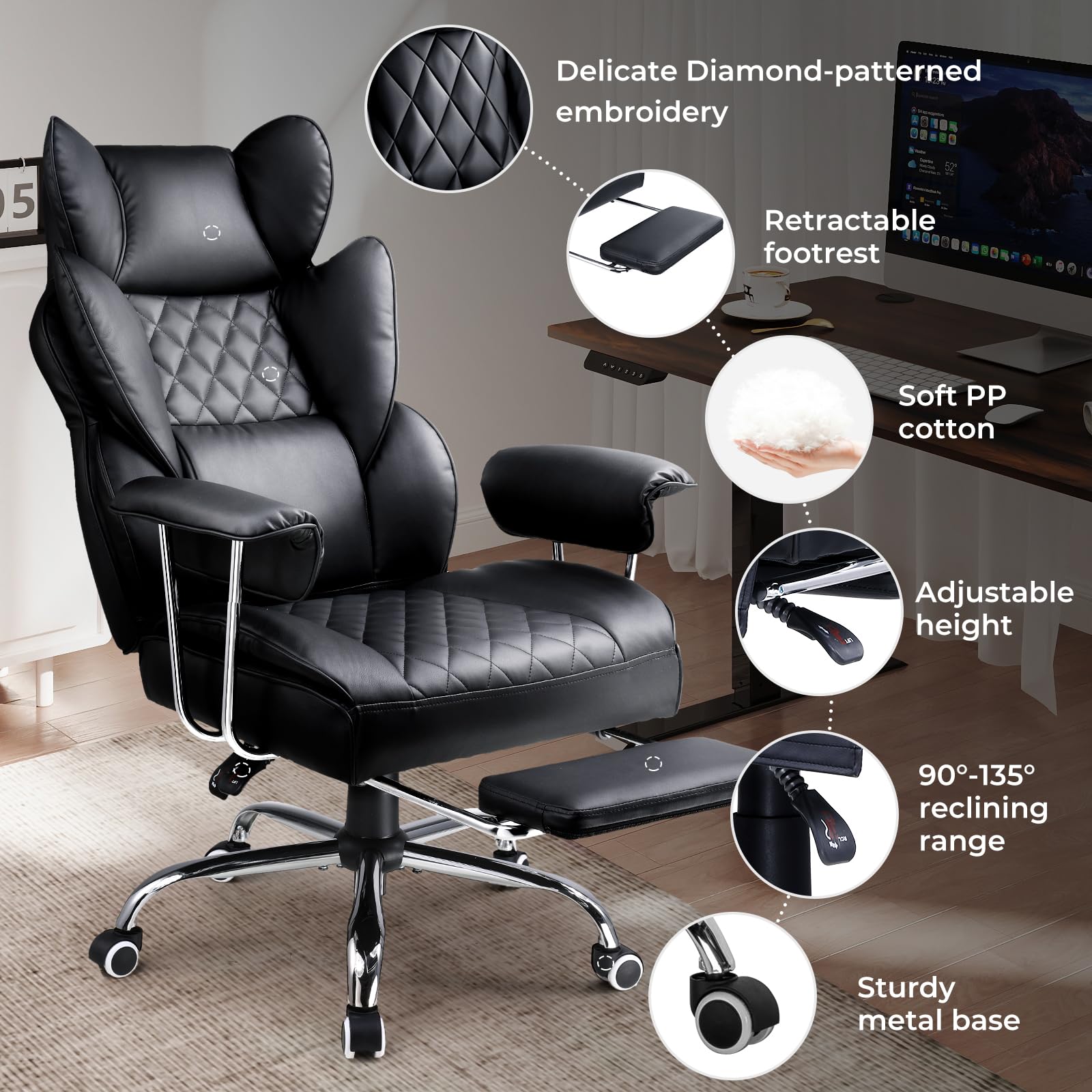 COMHOMA Big and Tall Office Chair, High Back Leather Gaming Chair with Footrest, Executive Ergonomic Office Chair with Pocket Spring Lumbar Support and with Outward Fixed Soft Armrests - Image 4