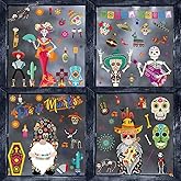Day of The Dead Window Clings Dia de Los Muertos Window Stickers Halloween Window Decorations with Sugar Skull Skeleton Gnome Flowers Mexican Fiesta Design Decals for Halloween Party Glass 9 Sheets