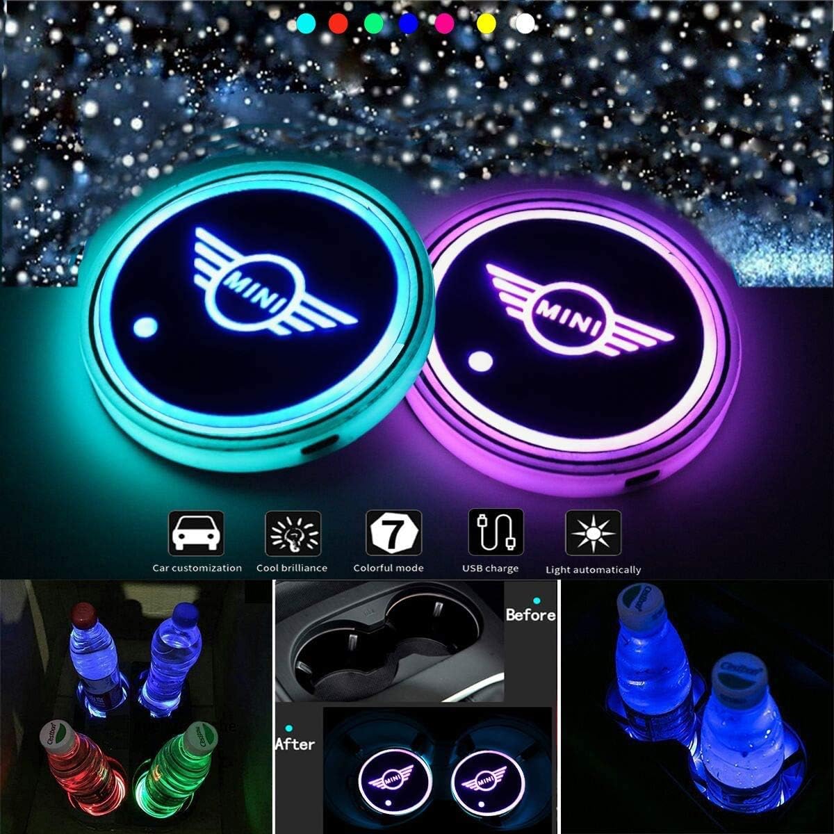 2pcs LED Car Logo Cup Holder Lights，7 Colors Changing USB