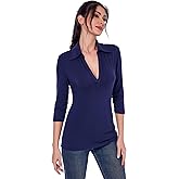 AmélieBoutik Women Collared V Neck 3/4 Sleeve Polo Shirt