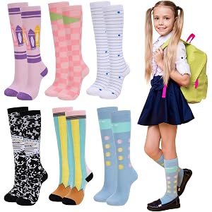 KKuSoxyy Funny Knee High Socks for Girls Kids Cute Pastel Pencil Socks | 6 Pairs Bulk,Cozy Cartoon Pencil Notebook Pattern,Ki