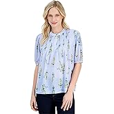 Nautica Jeans Women's Floral-Print Pintuck Blouse (Blue/Yellow, Small)