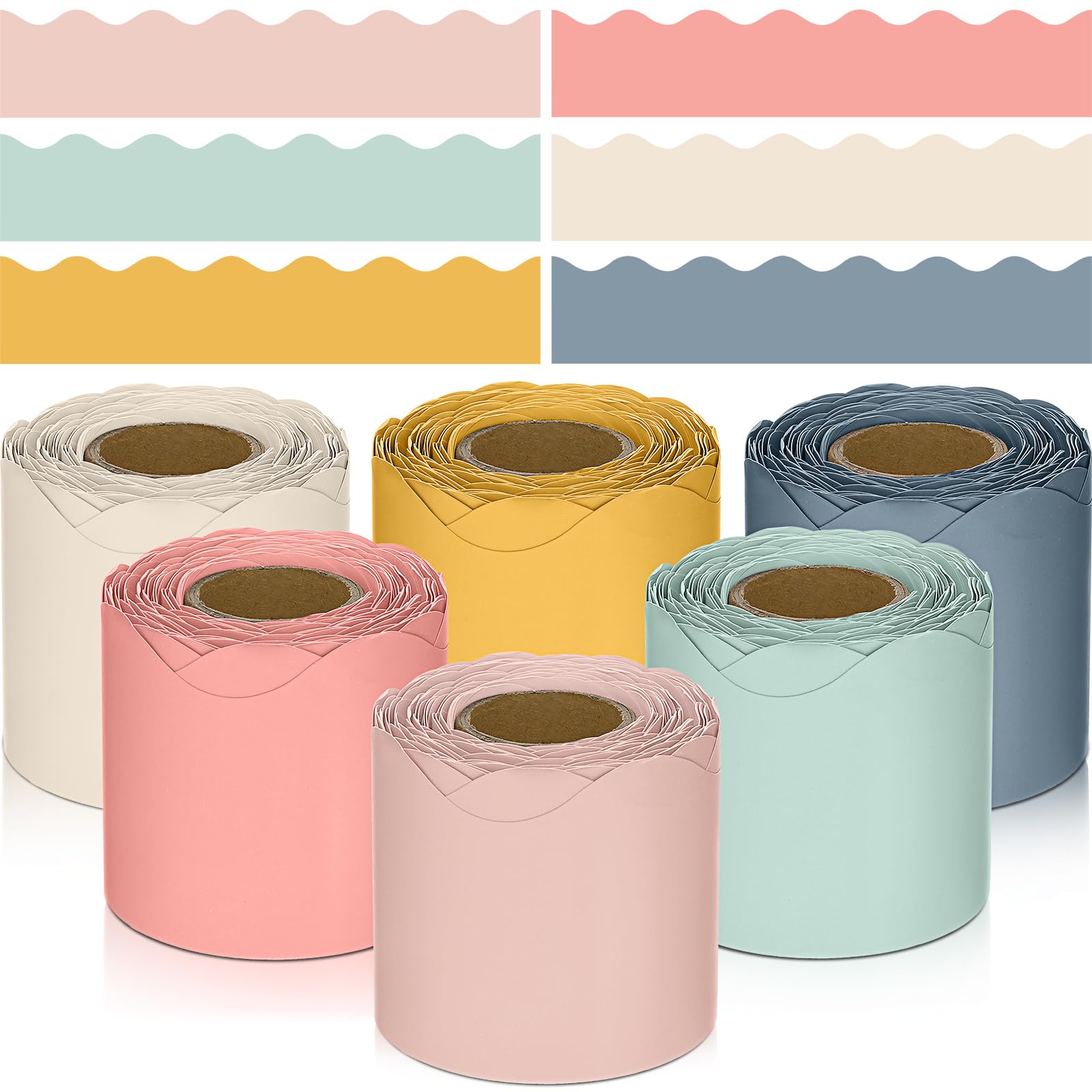 Photo 1 of TaoBary 6 Rolls 196.8 ft Colorful Classroom Bulletin Board Borders Scalloped Trim Summer Bulletin Board Decorations for School Whiteboard Cork Poster Chalkboard Wall(Hippie Boho Color,196.8 ft)
