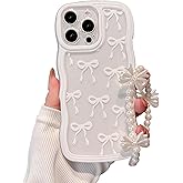 rozouai Compatible for iPhone 16 Pro Max Case for Women Girls,Cute Bowknot Pattern Curly Wave Wavy Frame Shape Shockproof Soft with Bowknot Bracelet Chain