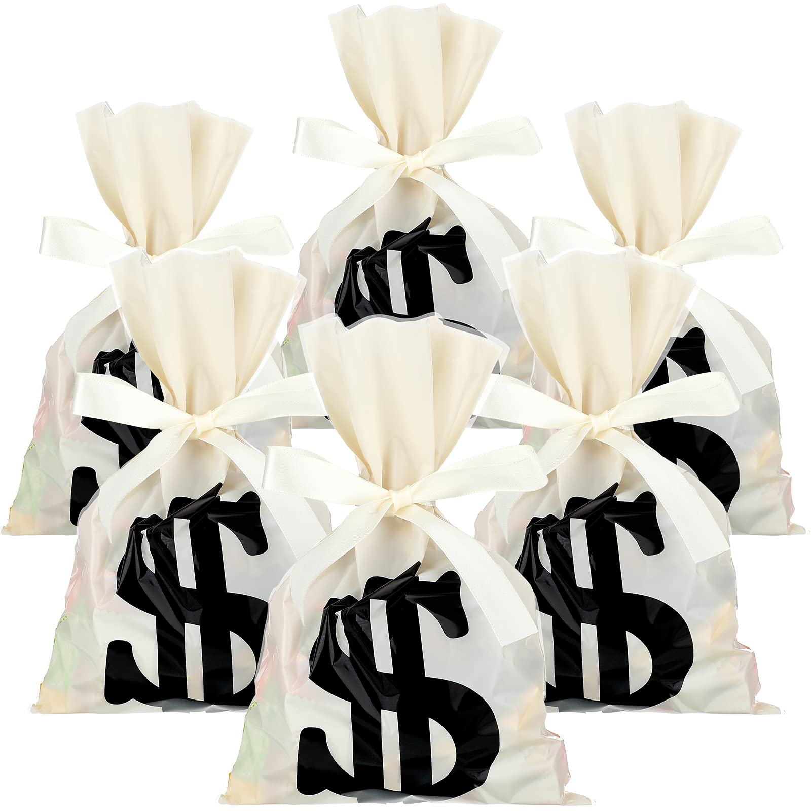 Photo 1 of 100 Pieces Money Treat Bags Sign Party Favor Candy Cellophane Loot Bags with 22 Yards Ribbon for Toy Party Favor Theme Supplies, 6 x 9 Inch