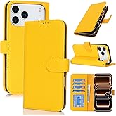 Zouzt Case for iPhone 17 Pro Max Genuine Leather Wallet Case with 4 Card Slot, RFID Blocking Card Holder Magnetic Flip Folio Shockproof Phone Cover Women Men for iPhone 17 Pro Max- Yellow