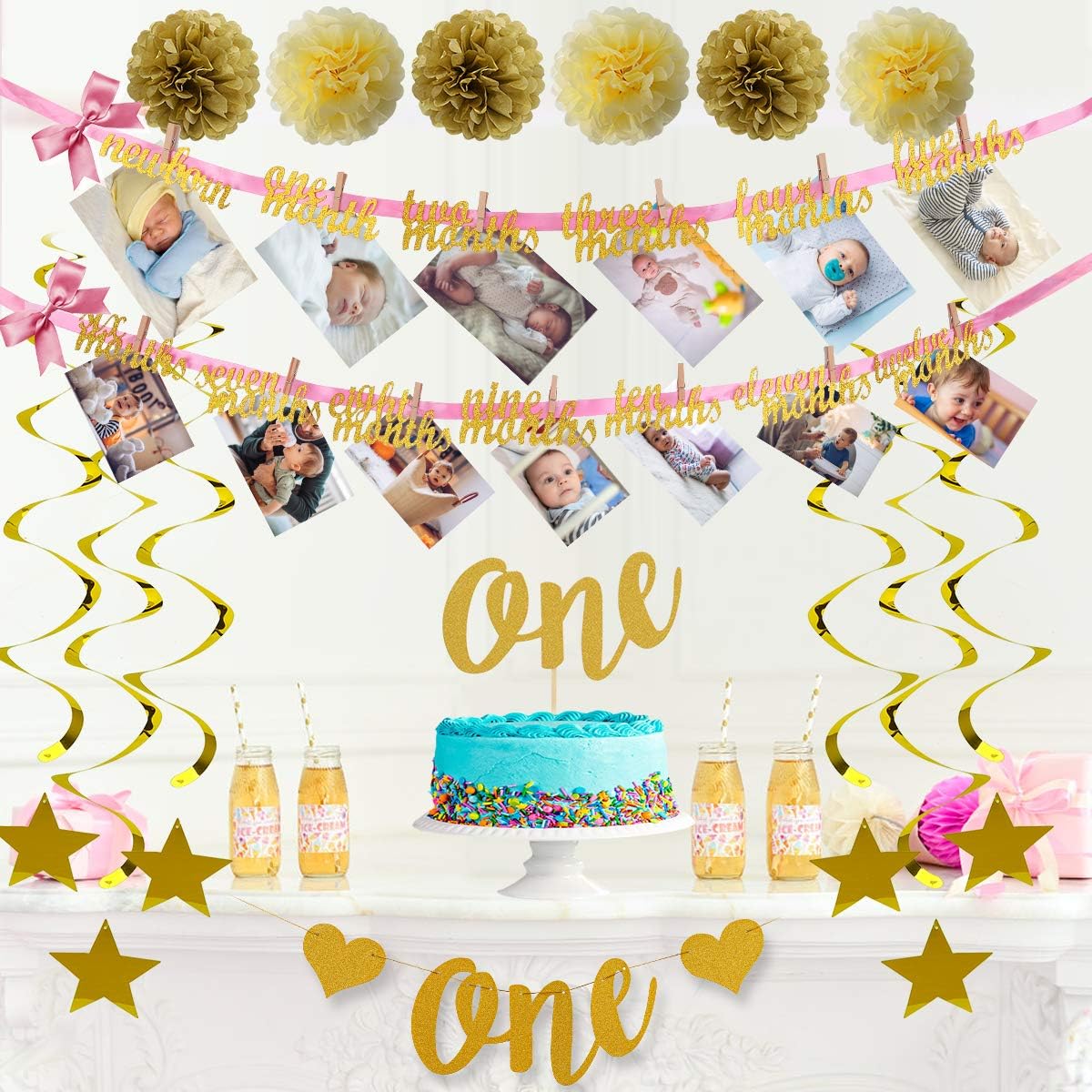 1st Birthday Party Decorations Set - Glitter 1-12 Month Photo Banner, High Chair Banner One, Cake Topper One, 6Pcs Star Hanging Swirl, 6Pcs Poms - Baby First Birthday Supplies for Girls & Boys(Gold)