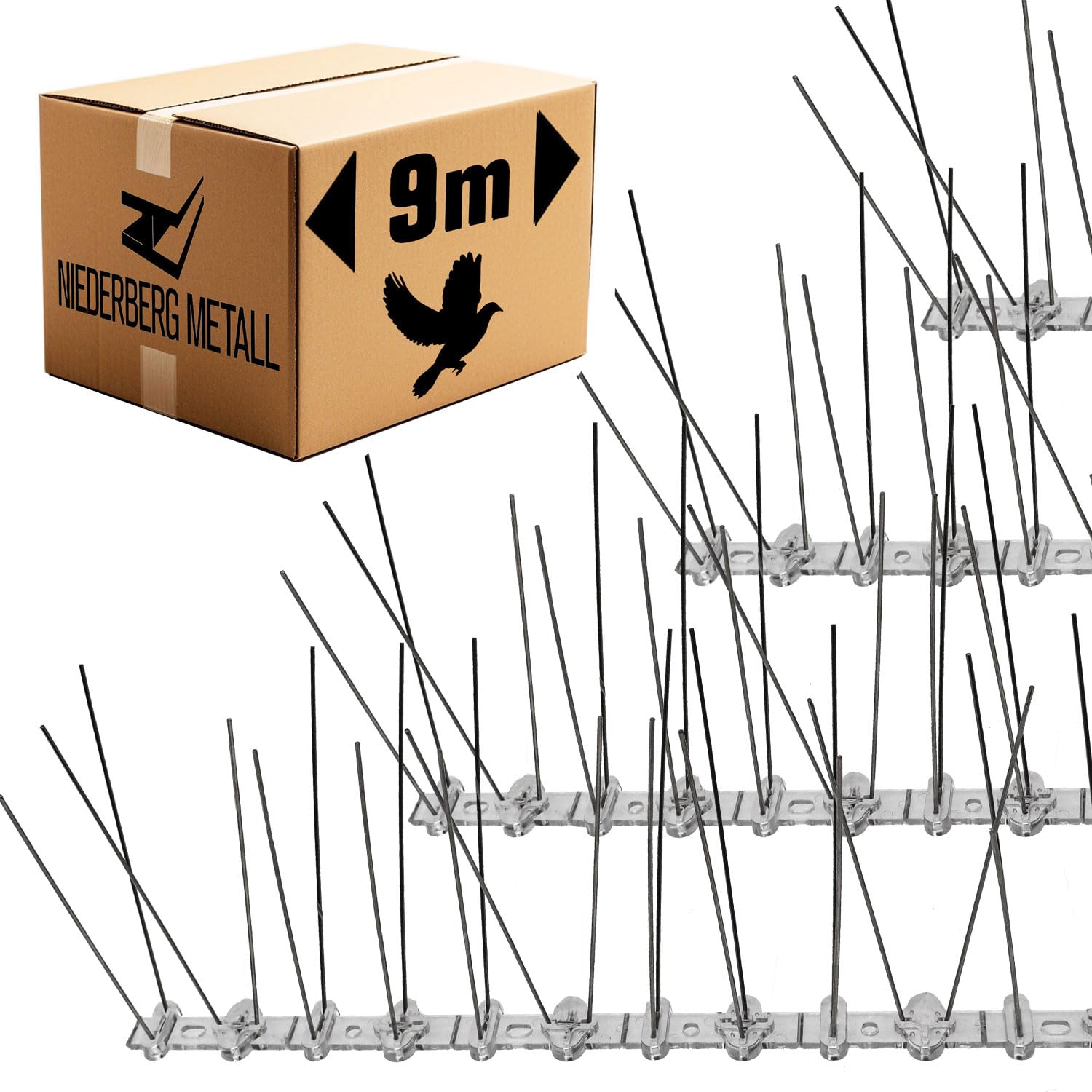 Niederberg Metall Pigeon Spikes - 9 Metre Plastic Bird Spikes for Pigeons with 180 Stainless Steel Spines - Bird Deterrent Spikes for Fence Tops - Anti Cat Spikes for Garden Bed Bird Repellent Spikes