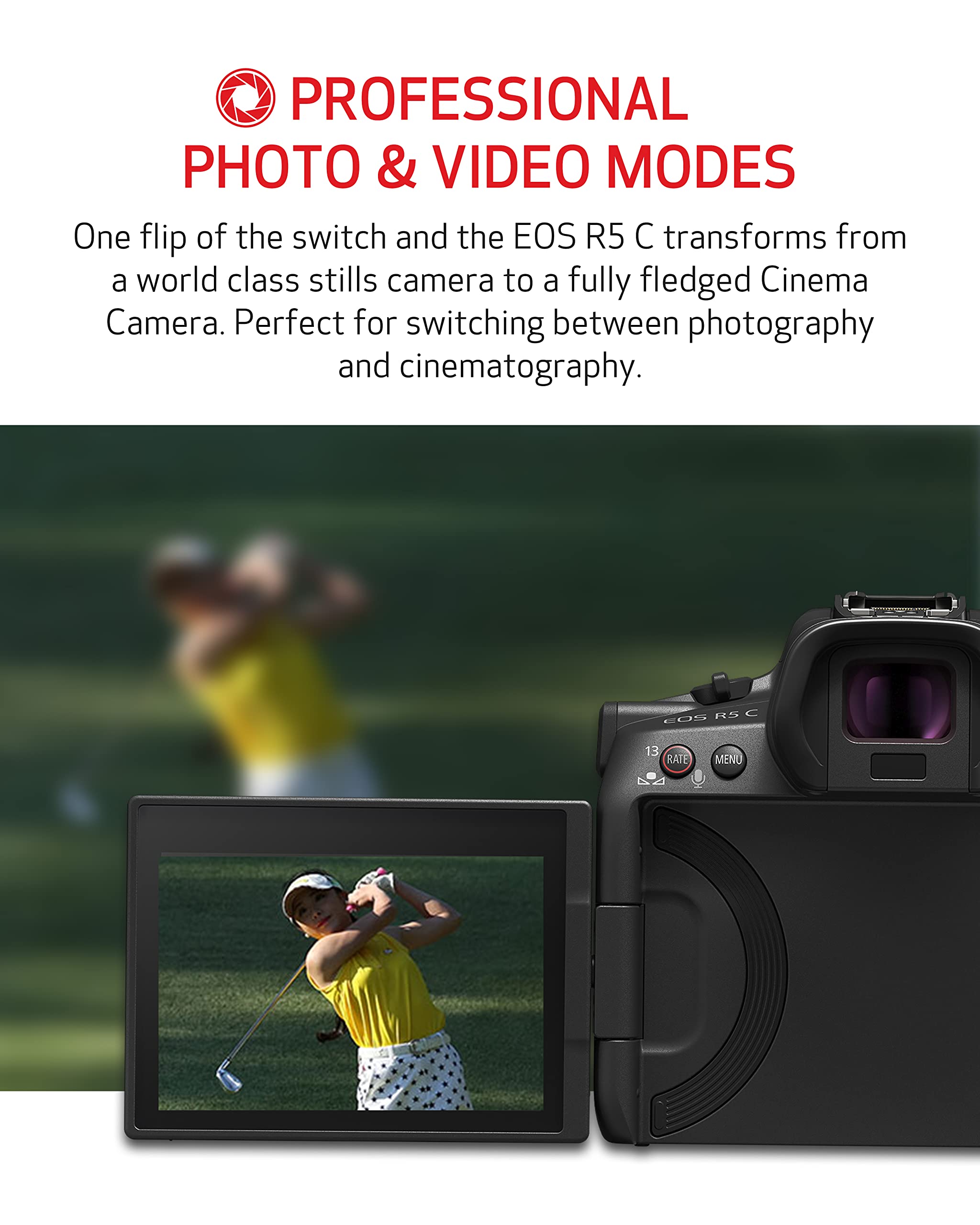 Canon EOS R5 C Mirrorless Camera (Body Only), 45 Megapixel CMOS Sensor, Hybrid Full-Frame Cinema Camera, 8K/60P Internal RAW Recording, RF Mount, Black