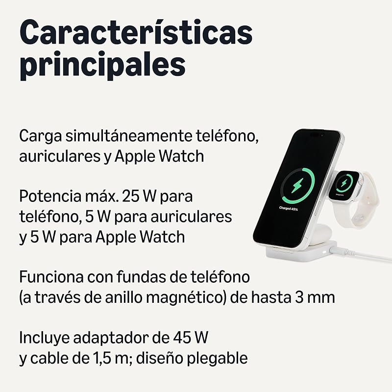 Estação de carregamento sem fios 3 em 1, 25W, Certificada Qi2.2, Compatível com Magsafe, UE, 7,06 x 9,94 x 10,31 cm, Branco