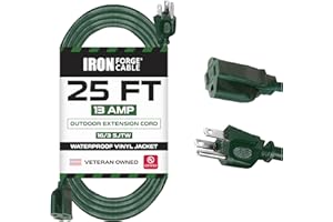 Iron Forge Cable Weatherproof 25 Ft Outdoor Extension Cord - 16/3 SJTW Heavy Duty Green Extension Cord 3 Prong - 13 Amp Exterior Power Cable