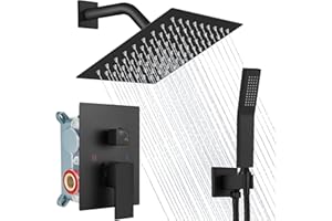 Midanya Rain Shower System Square Rainfall Shower Head Wall Mount Shower Faucet Set with Hand Sprayer Rough-in Valve Trim Kit Bathroom Mixer Shower Combo Set,8 Inch,Matte Black