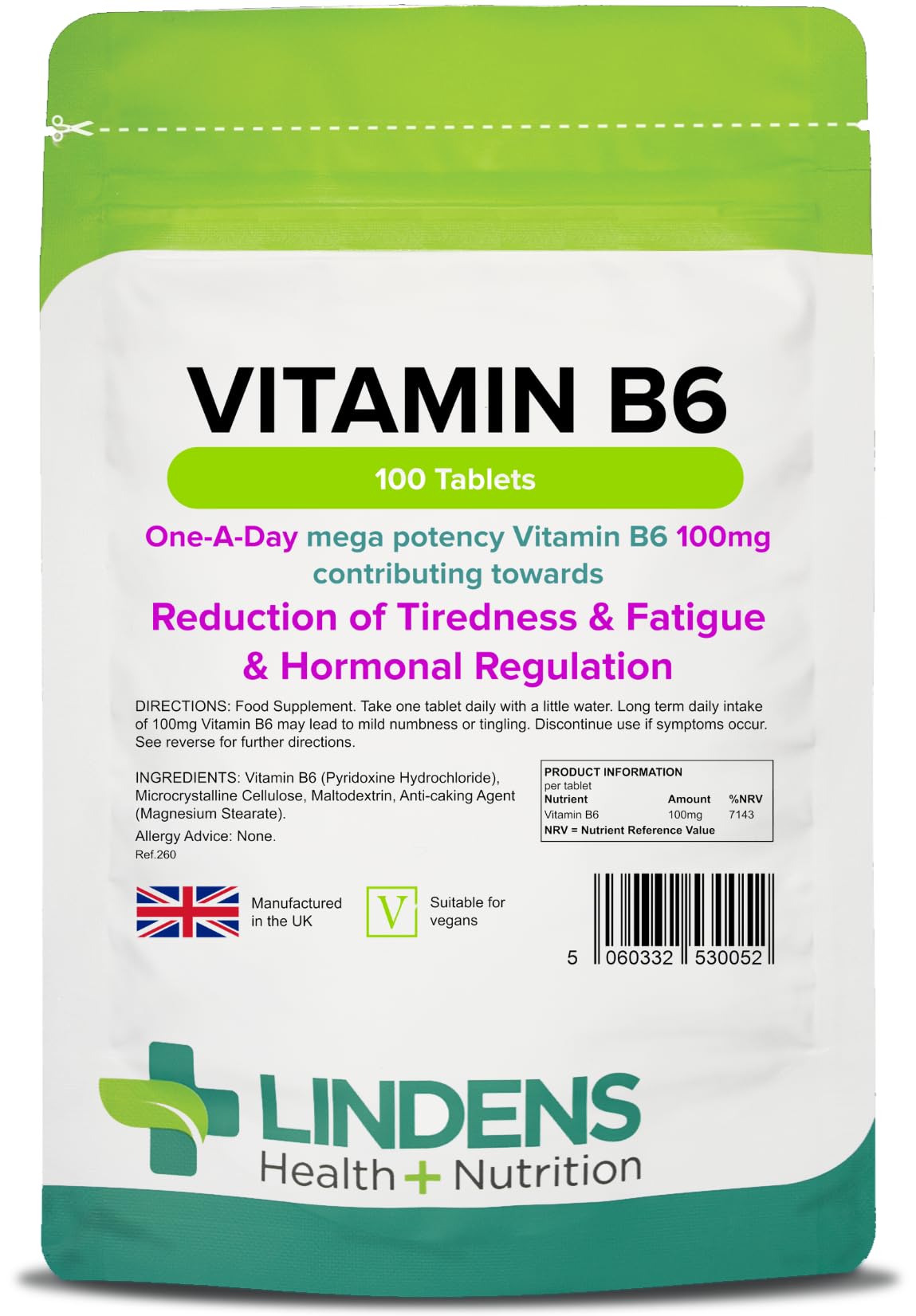 Lindens - Vitamin B6 100mg Tablets - 100 Pack - Ultra-Potent 7000% Nrv Contributes to Healthy Metabolism, Reduction of Tiredness, Normal Immune & Nervous System Function - UK Made, Letterbox Friendly