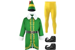 Togake Buddy The Elf Costume Men Christmas Adult Santa Outfit Suit Deluxe 5pcs Xmas Halloween Cosplay Holiday Party Full Set