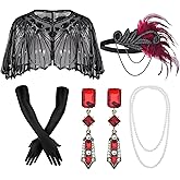 1920s Flapper Accessories Set Women Roaring 20s Accessories Red Feather Headpiece Necklace Earrings Long Gloves