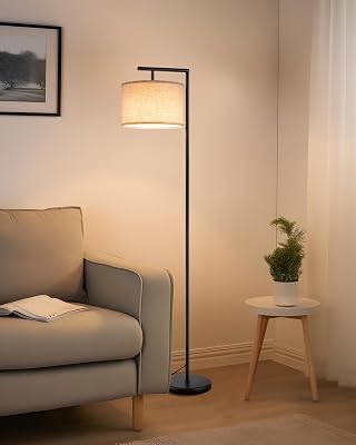 Lampadaire sur Pied Salon avec Abat-jour à Angle Réglable en Lin Beige, E27 Douille, 2700K Ampoule Incluse, Lampe à Pied en Métal avec Interrupteur à Pédale pour Chambre, Salon, Bureau