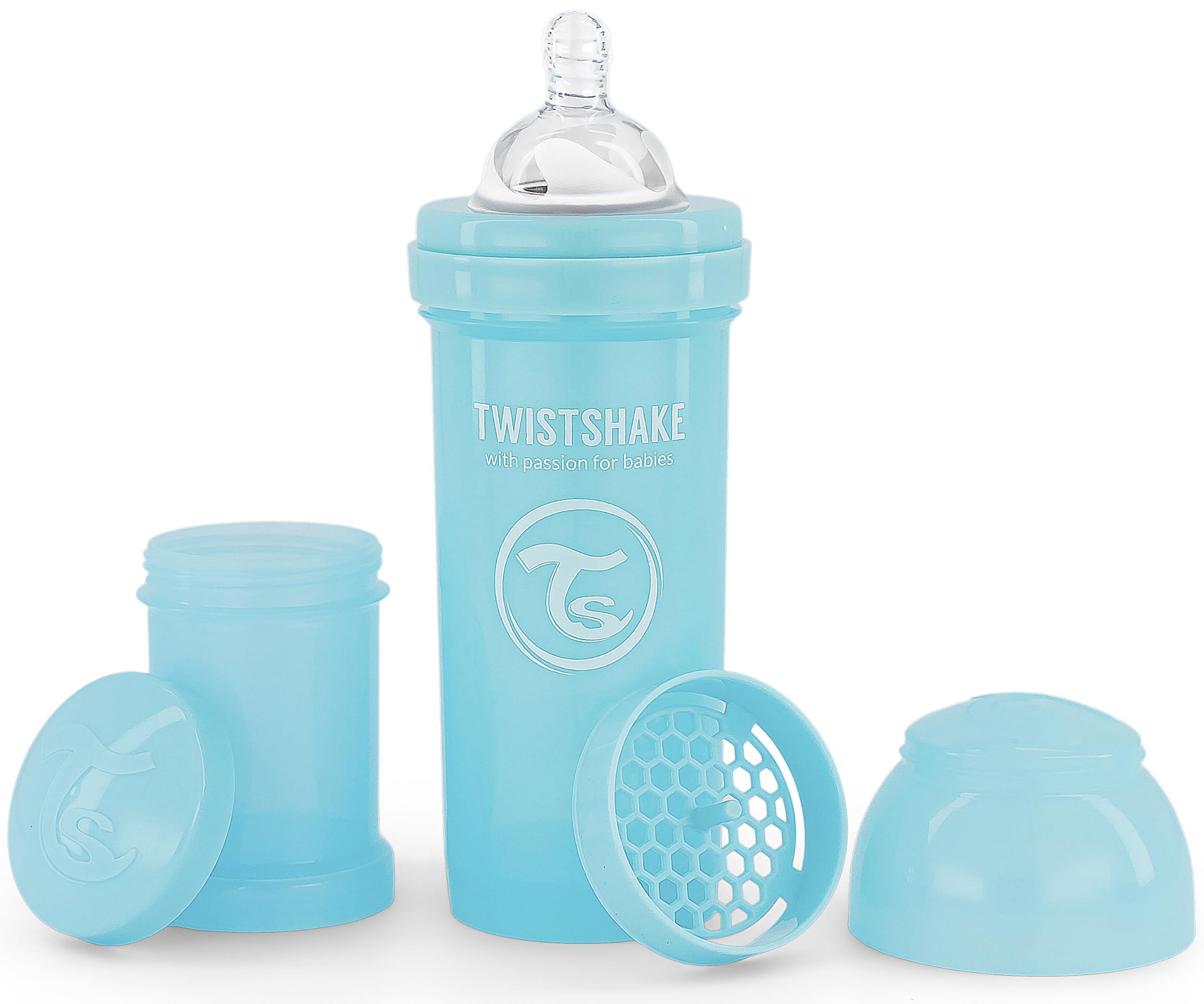 Twistshake Anti-Colic Baby Bottle with Milk Powder Container and Mixer - 260ml | Medium Flow Silicone Breast-Like Nipple | BPA- Free Baby Milk Bottle | Suitable for 2+ Month Babies | Blue