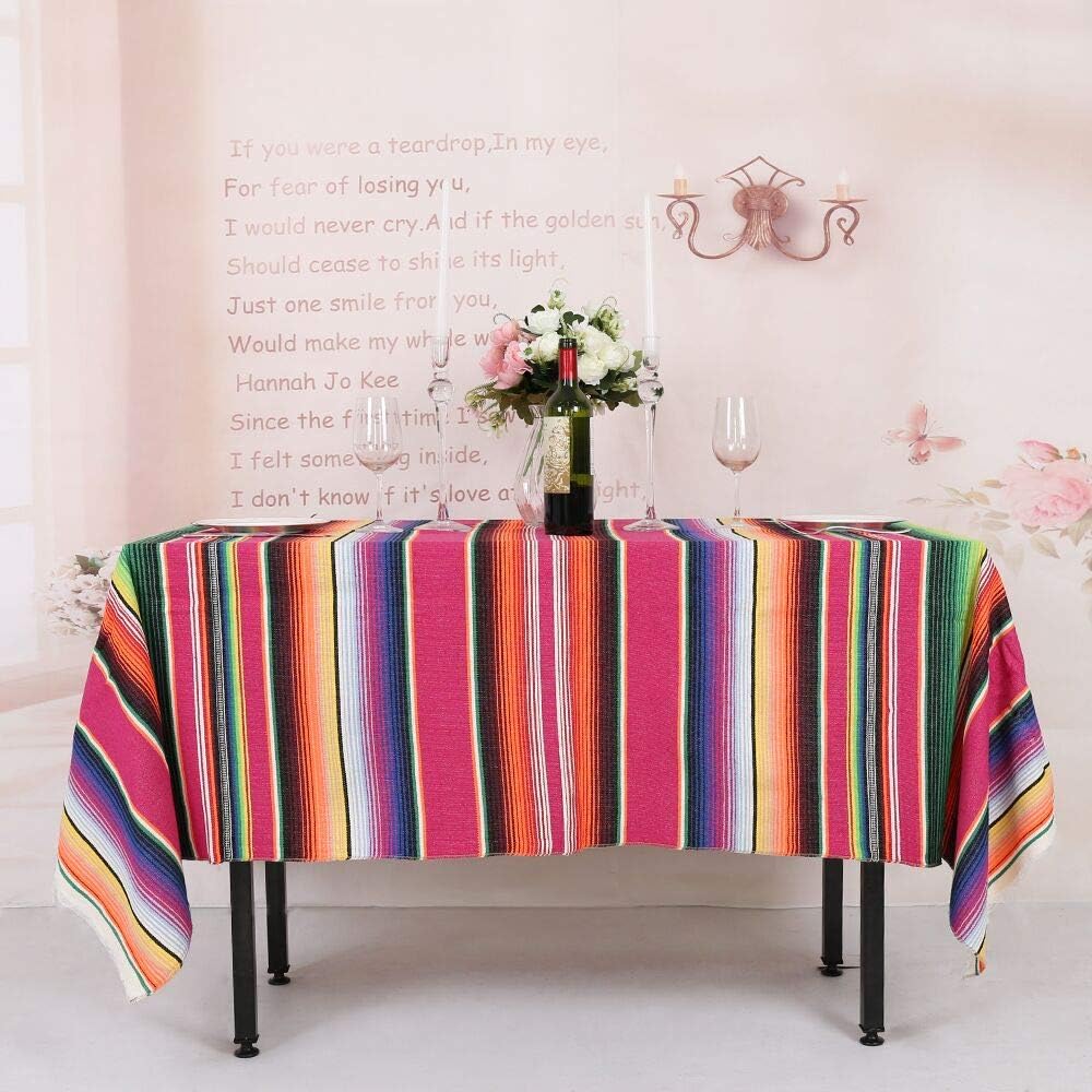YZEO Mexican Cotton Tablecloth Rectangular - 57x102inch (145x260cm) Large Rose Red Stripes Rugs Yoga Mats Special Comfortable Table Cover