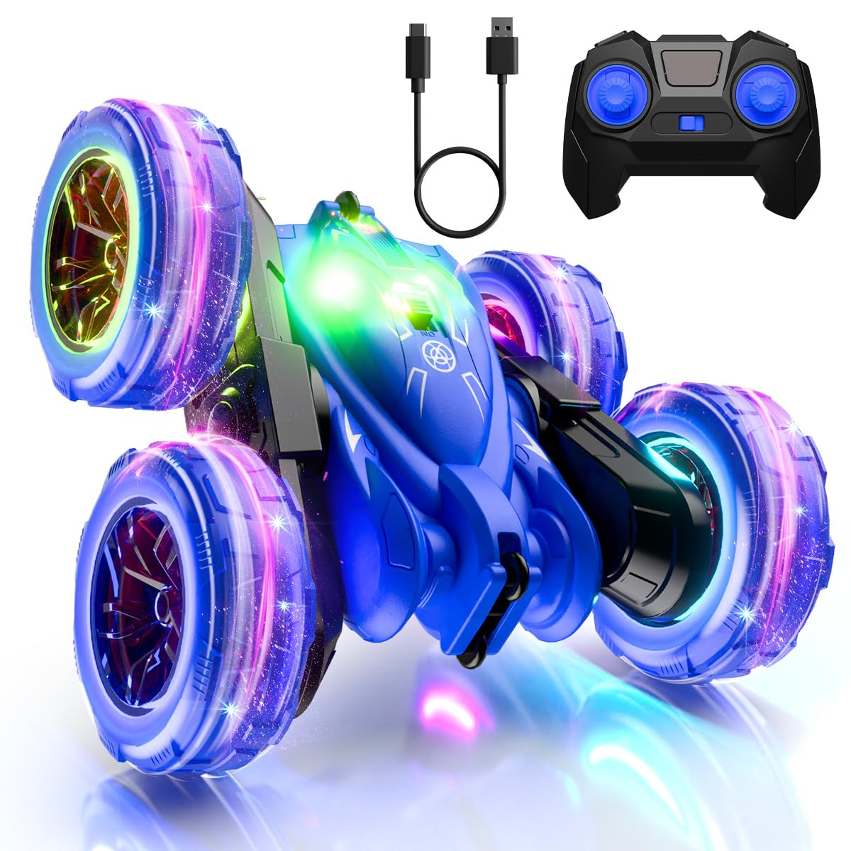 MaxTronic RC Stunt Car With LED Light, Upgraded Direct Charge Remote Control Cars 2 Sided 360 Rotation 4WD, 2.4Ghz Multiplayer Indoor Outdoor Fun, Toy Gifts for Boys Girls Kids Age 3-12