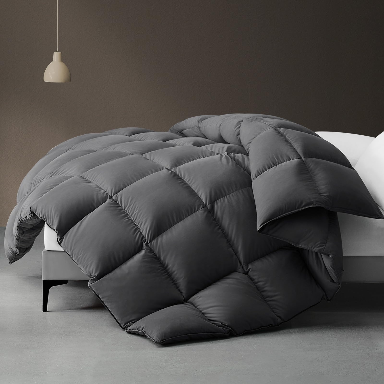Photo 1 of downluxe Goose Feather Down Fiber Comforters Queen Size, All Seasons Queen Duvet Insert, 3D Baffle Box Fluffy Grey Comforter Queen with Corner Tabs, 90"x90"