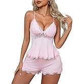 Crexomi Women's Sexy Pajama Set Lace V Neck Camisole Lingerie Nightwear Cami PJ Sets with Elastic Waist Slit Shorts