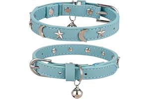 CHUKCHI Leather Cat Collars for Boy Girl Cats with Bell and Safety Elastic Belt, Personalized Star and Moon Stud Adjustable Safe Buckle Collar for Kitty Small Big Cats Size 8-12 InchRose (Blue)