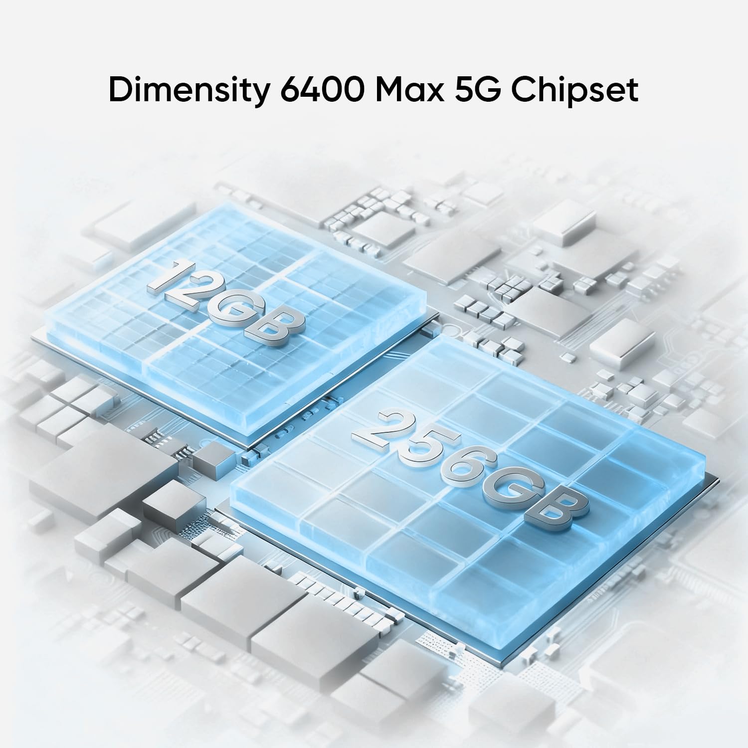 A graphic representation of a 5G chipset with 12GB and 256GB memory blocks, illustrating the Dimensity 6400 Max 5G Chipset.
