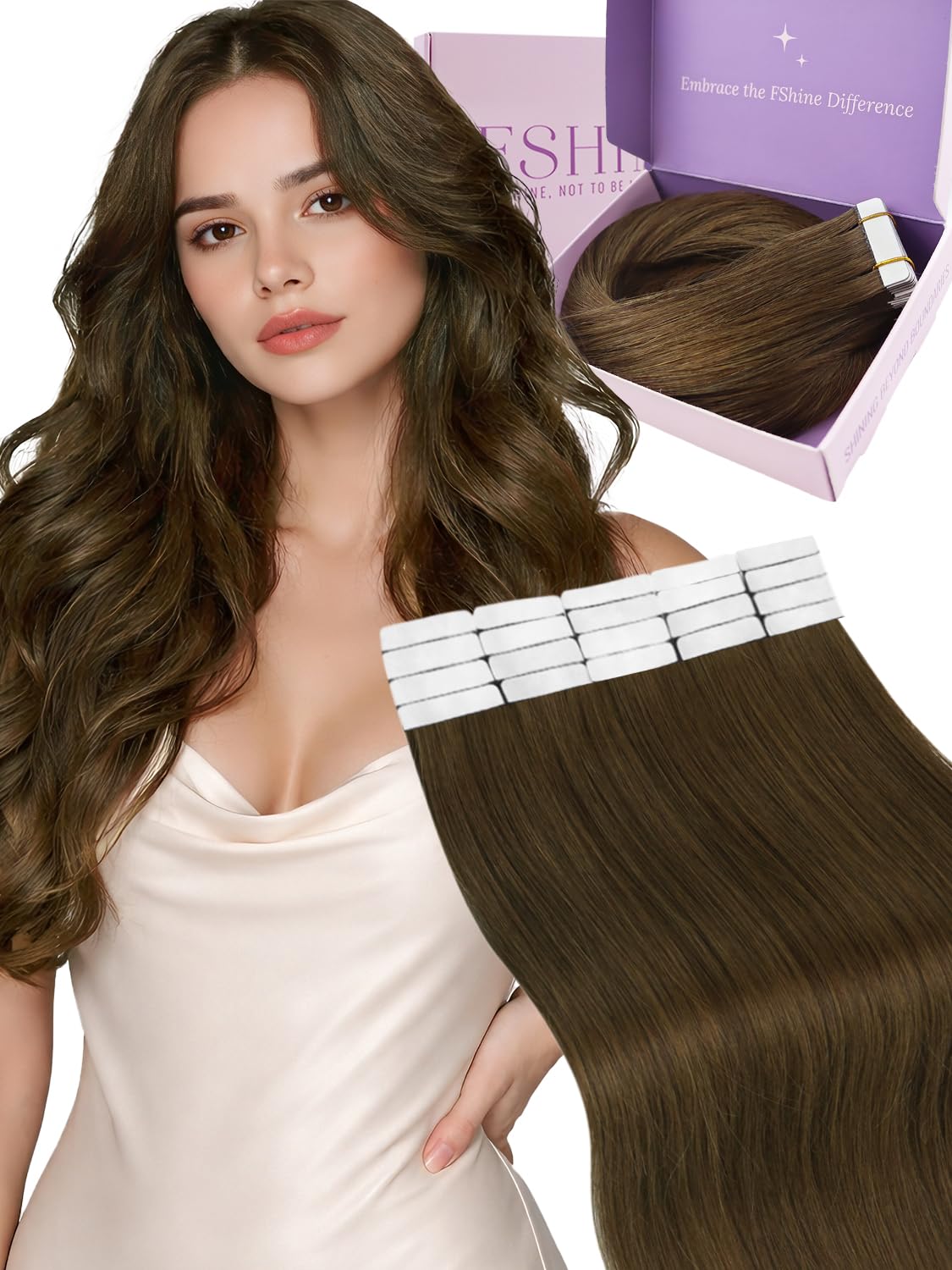 Fshine Tape in Human Hair Extensions,18 Inch 20 pcs 50 g,Tape in Medium Brown Human Hair,Invisible Seamless Silky Texture,Color 4 Medium Brown,Flexible for Any Hairstyle Easy to Apply