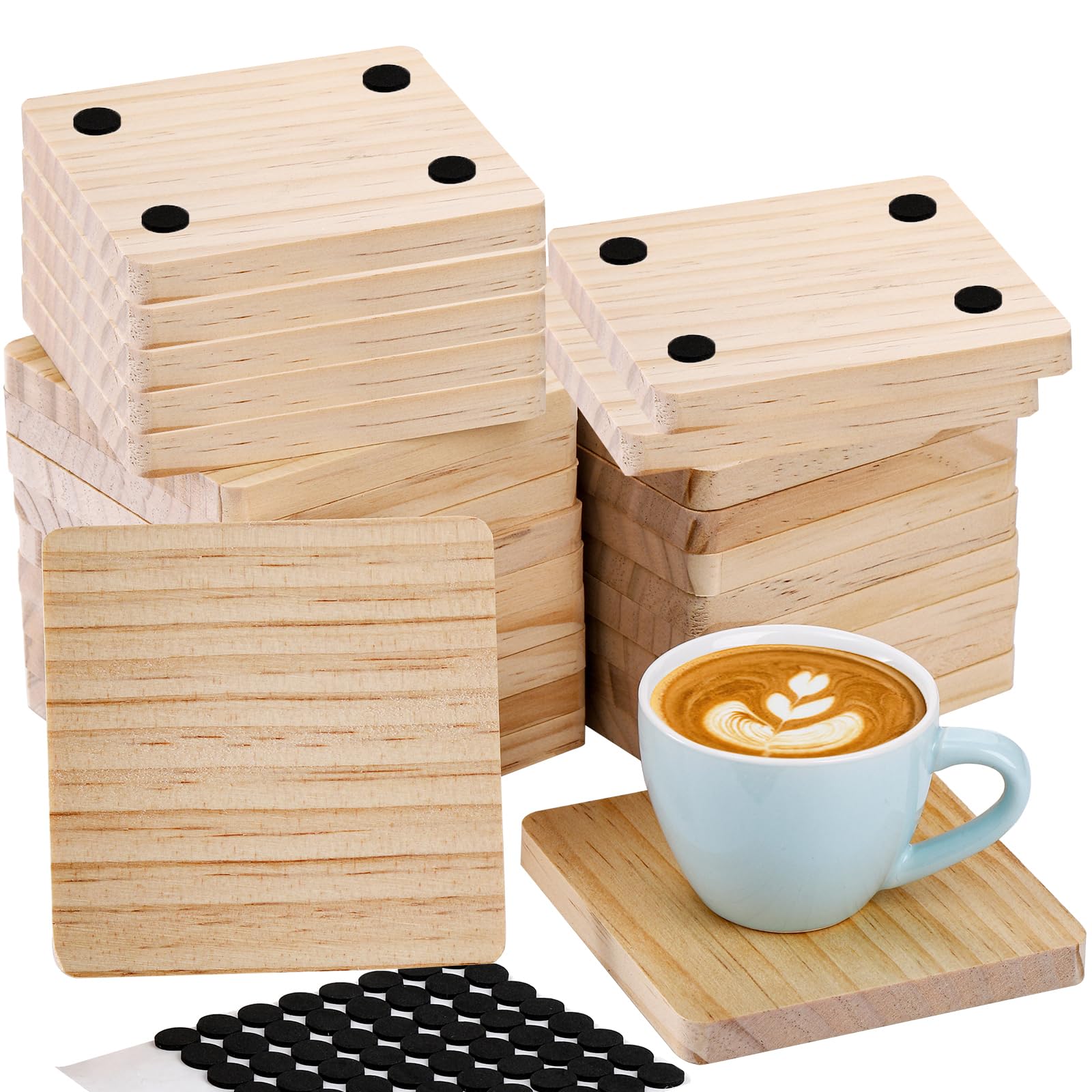 Dicunoy 20PCS Unfinished Wood Coasters, Square Thick Wooden Blanks for Craft, Pyrography Laser Engraving Blanks Coasters with 80PCS Foam Knots for DIY, Architectural Models, Stained, 4x4x0.4 inch
