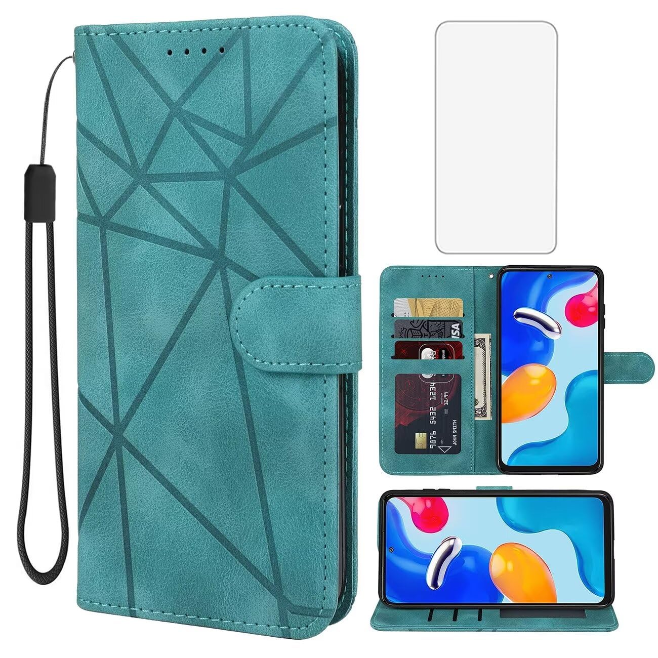 Wanyuexes Case for Redmi Note 11 4G 2022 Case, Redmi Note 11S Wallet Case with Tempered Glass Screen Protector, Leather Flip Credit Card Holder Stand Phone Cover for Xiaomi Redmi Note 11 4G Green