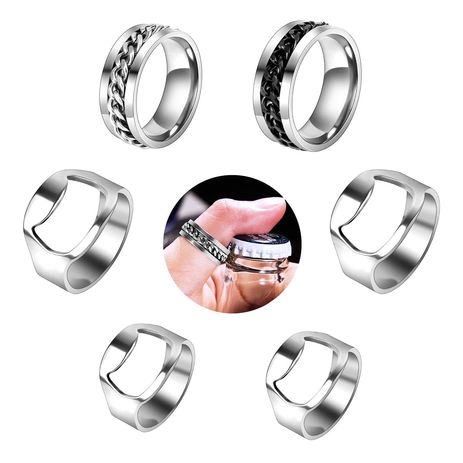 6Pcs Stainless Steel Bottle Opener Set - Finger Ring Opener for Beer Bottles - Tool Bar Accessories