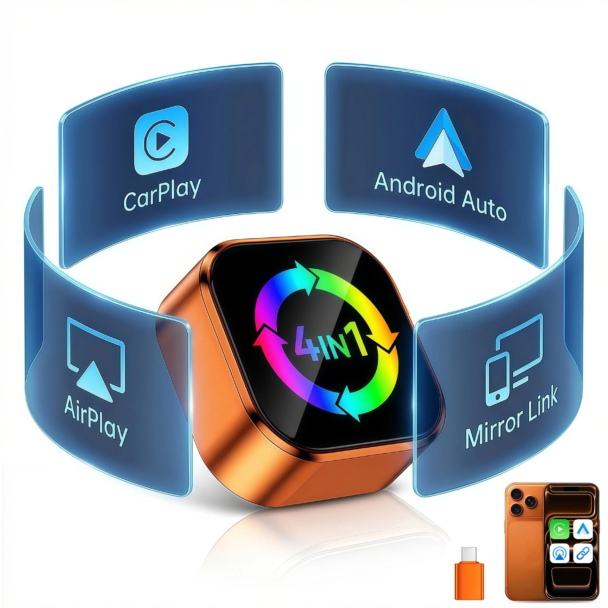 Photo 1 of zchwisv 4-in-1 Wireless CarPlay Adapter with AirPlay, CarPlay Android Auto Mirror Link Adapter, Wireless Screen Mirroring for Car, Mini CarPlay Dongle for Netflix/YouTube, Plug and Play for 800+ Cars