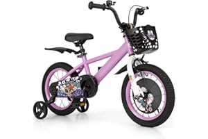 BABY JOY Kids Bike, 12 14 16 18 Inch Child Bike for 3-8 Years Old with Adjustable Height, Training Wheels, Storage Basket, Ha