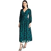 Maggy London Womens Long Sleeve V Neck Fit & Flare Midi Dress - Elegant Special Occasion Wedding Guest Dresses
