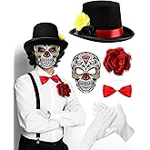 Suncalla 5 Pcs Halloween Day of The Dead Costume Accessories for Men Skeleton Gloves Top Hat Bow Tie Rose Flower Brooch and Bow Tie Skull Full Face Mask for Halloween Dia De Los Muertos Cosplay Party
