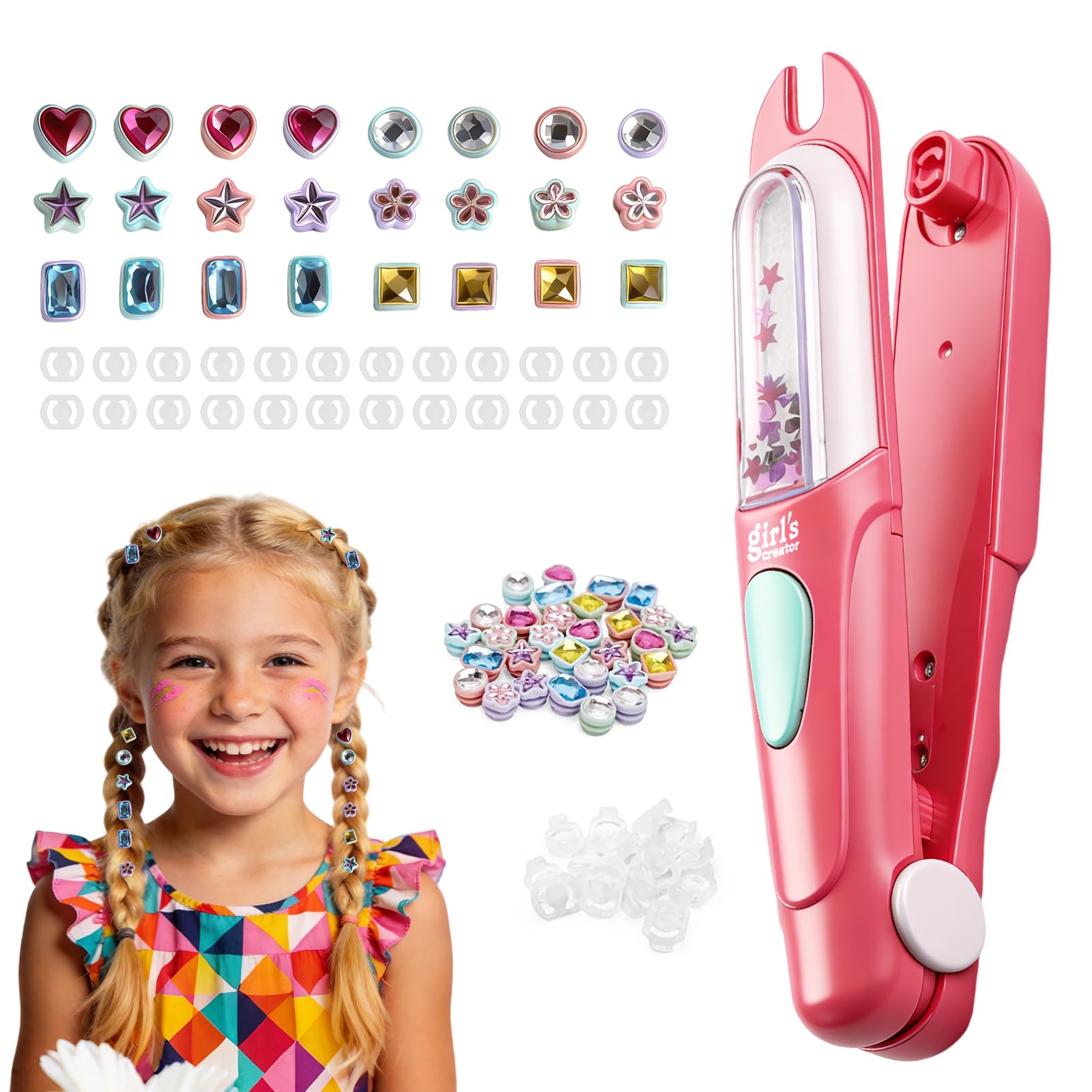 Hair Gem Stamper Kit & Gifts for 6 7 8 9 10 Year Old Girls, Hair Accessories for Girls, DIY Hair Styling Tool with Reusable Hair Gems, Girls' Birthday Presents