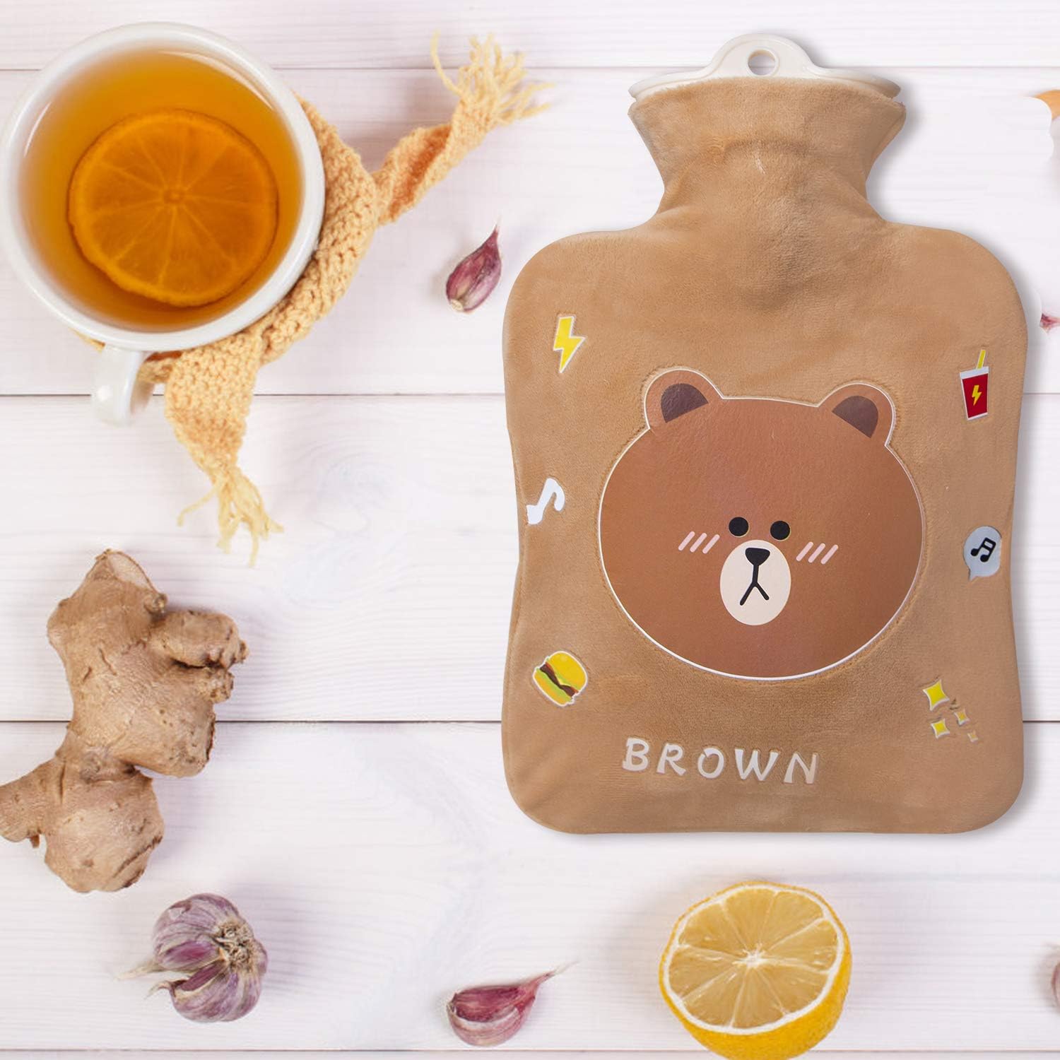 Hot Water Bottle, 1 Liter Water Bag with Cute Fleece Cover, Brown Bear: Health & Personal Care