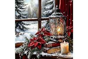 Tiwabb Christmas Stamped Cross Stitch Kits,Lantern Candle Window Snow Landscape DIY Cross Stitch Ornament Kits for Adults Beginners,Counted Embroidery Needlepoint Kits Home Decor 14X14 inch
