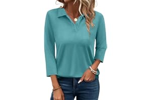 PGANDS Women's 3/4 Sleeve T Shirts Summer V Neck Button Down Polo Shirts Collared Casual Loose Fit Tops