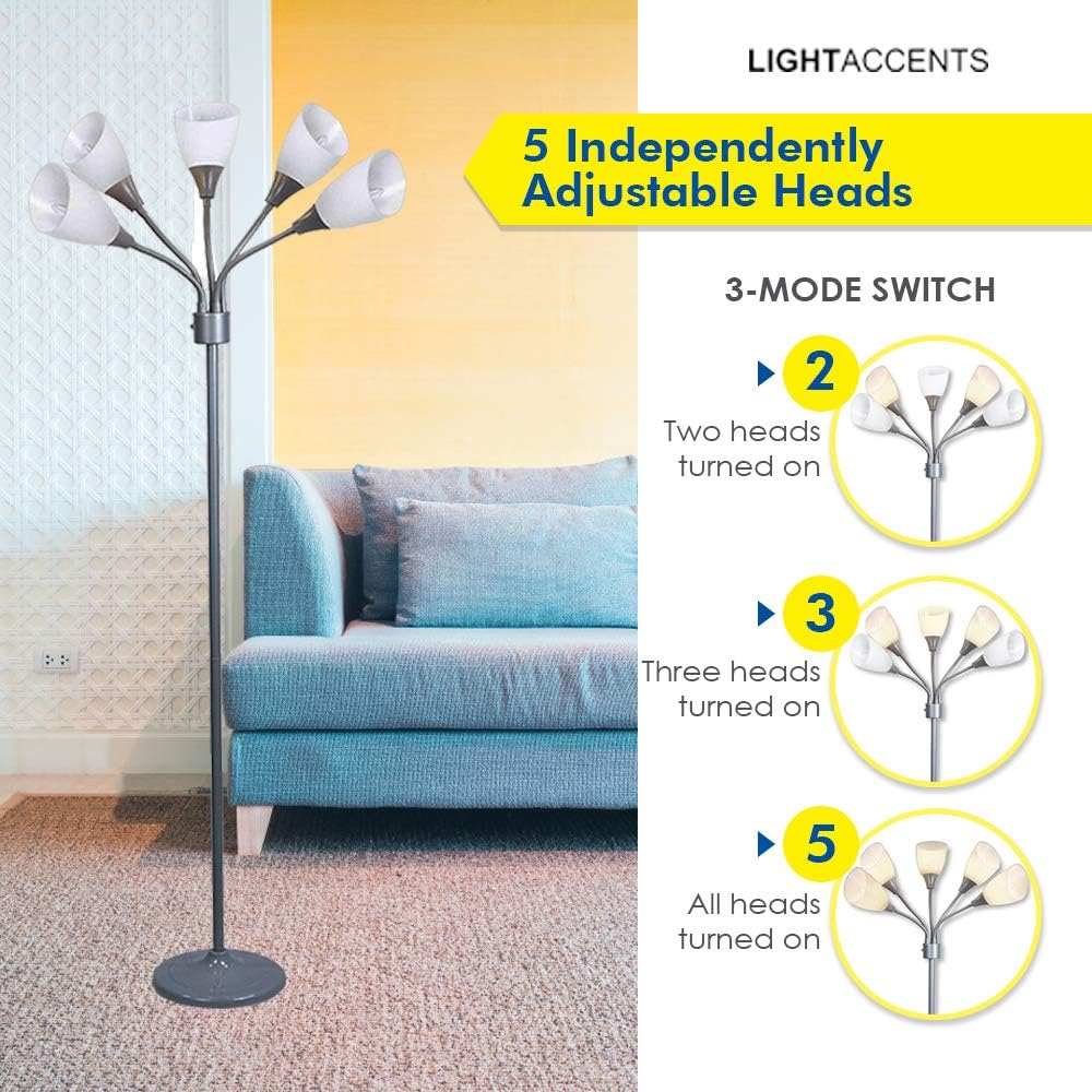 Modern Floor Lamp Room Light by Lightaccents - Medusa Multi Head Standing Lamp Bedroom Light with 5 Adjustable White Acrylic Reading Shades Room Light (Silver) - - 