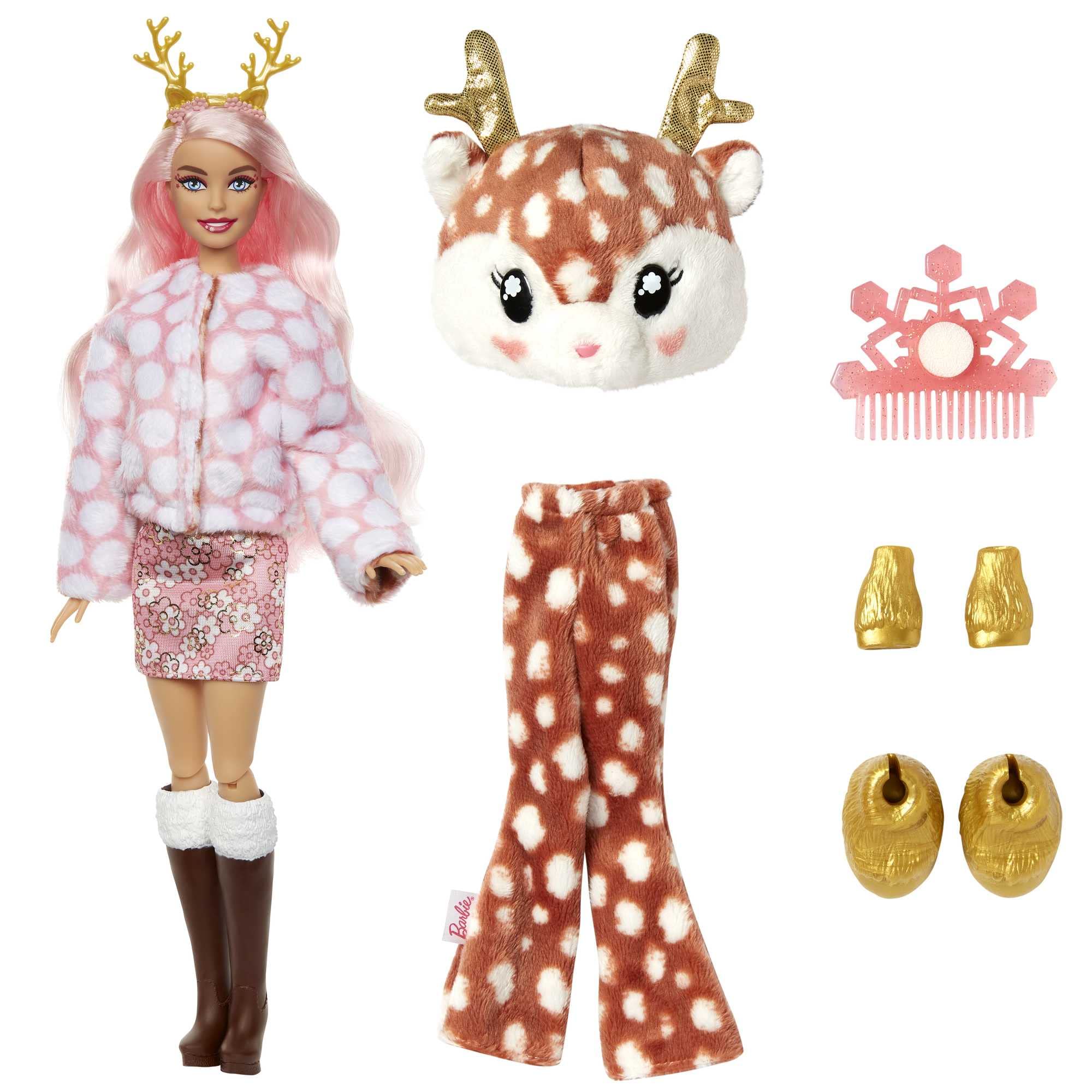 Barbie Doll, Cutie Reveal Deer Plush Doll with 10 Surprises, Mini Pet, Color Change and Accessories, Snowflke Sparkle, HJL61