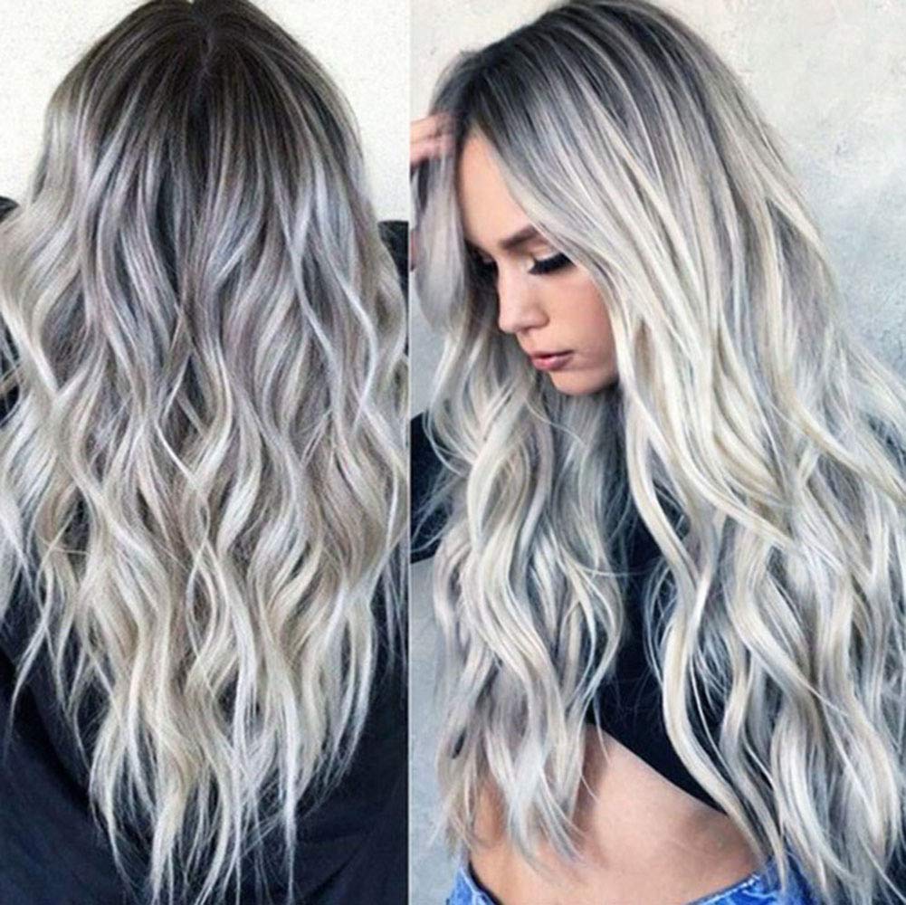 Synthetic Wig, Ombre Silver Grey Wave Natural Looking Long Wavy Full Heat Resistant Daily Wigs