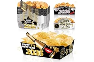 XUSTANINA 24Pcs 2026 Happy New Year Snack Bowls Black and Gold Disposable Paper Food Trays Suitable For New Year's Eve Themed Party Decorations