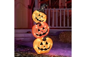 LEWIS&WAYNE Halloween Lighted Stacked Pumpkins Decoration, Pre-Lit with 50 Warm White Lights Jack-O-Lantern Pumpkins Lights, Halloween Light Up Pumpkin for Indoor, Outdoor, Porch, Yard, 39’’ H