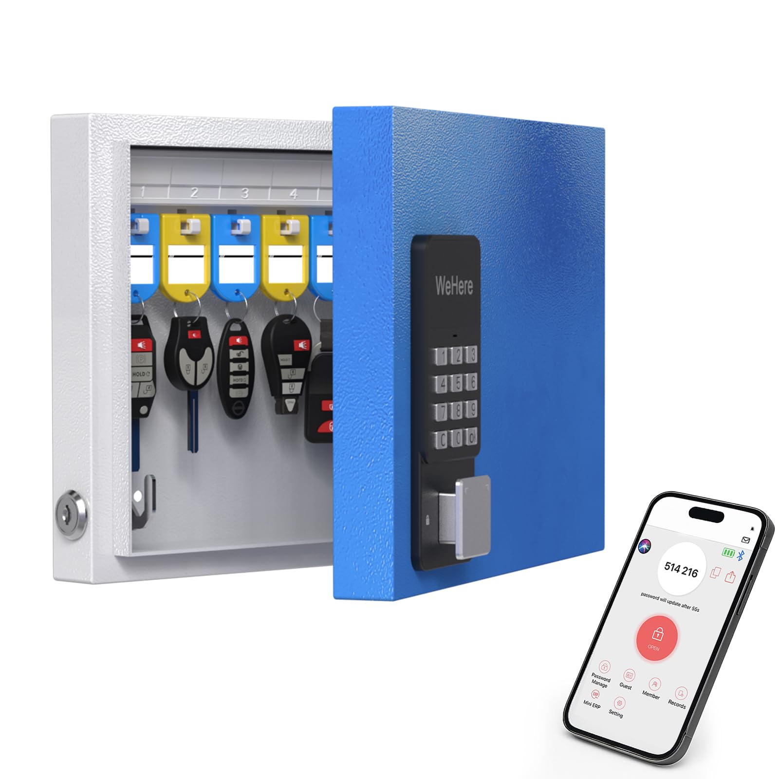 WeHere 16 Key Lock Box Wall Mount, APP Bluetooth/OTP/Wi-Fi/Fixed Code/Key Unlock, Smart Key Cabinet with Key Tag, Key Organizer Holder Box, Key Management Directory for Office, Valet, Realtor, Hotel