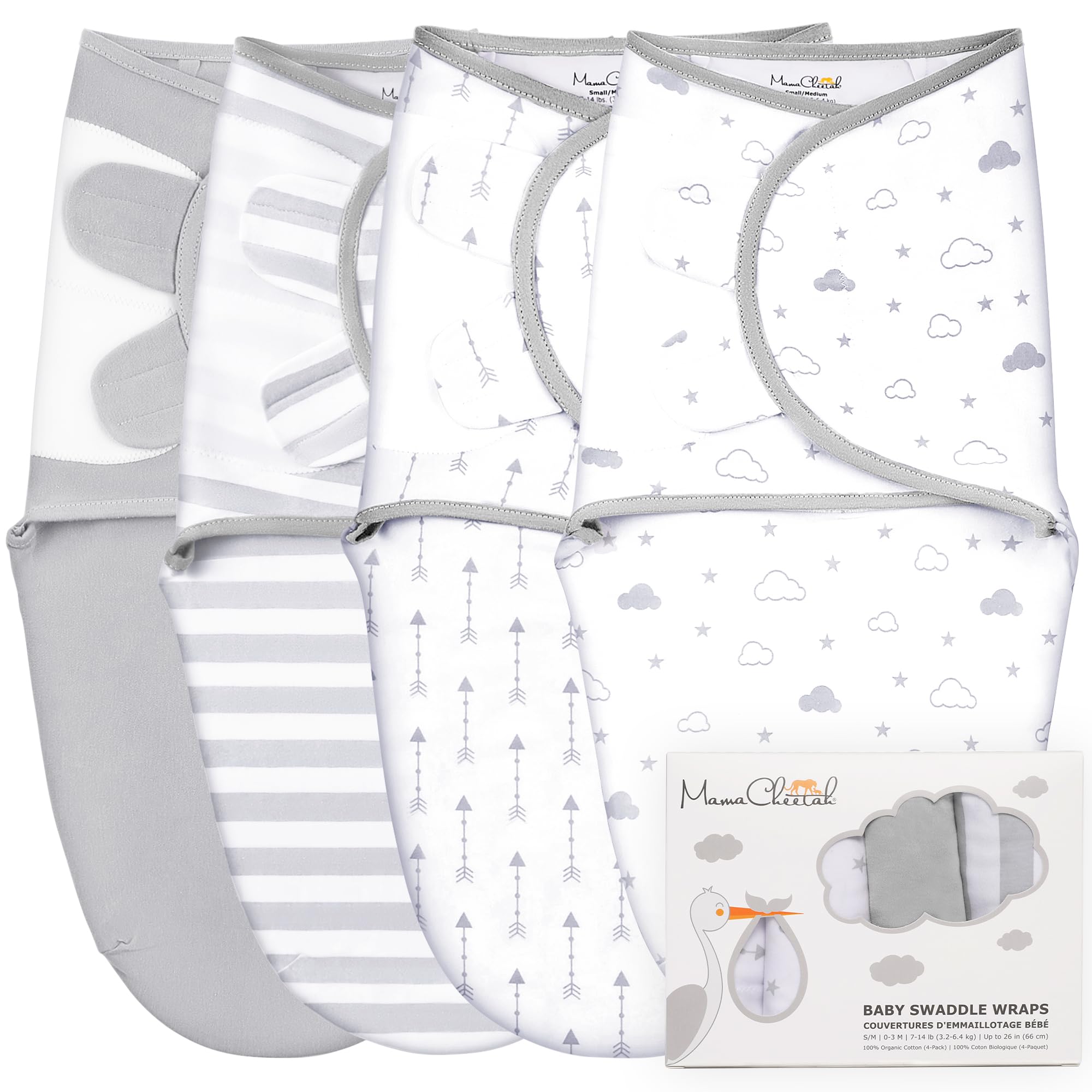 Mama Cheetah Baby Swaddle Sack, Organic Swaddle Blanket, Newborn Swaddling Sleep Sacks, Adjustable Infant Blanket Wrap, Easy Swaddles for Boy Girl 0-3 Month, Baby Essentials, Nursery Swaddling, 4-Pack