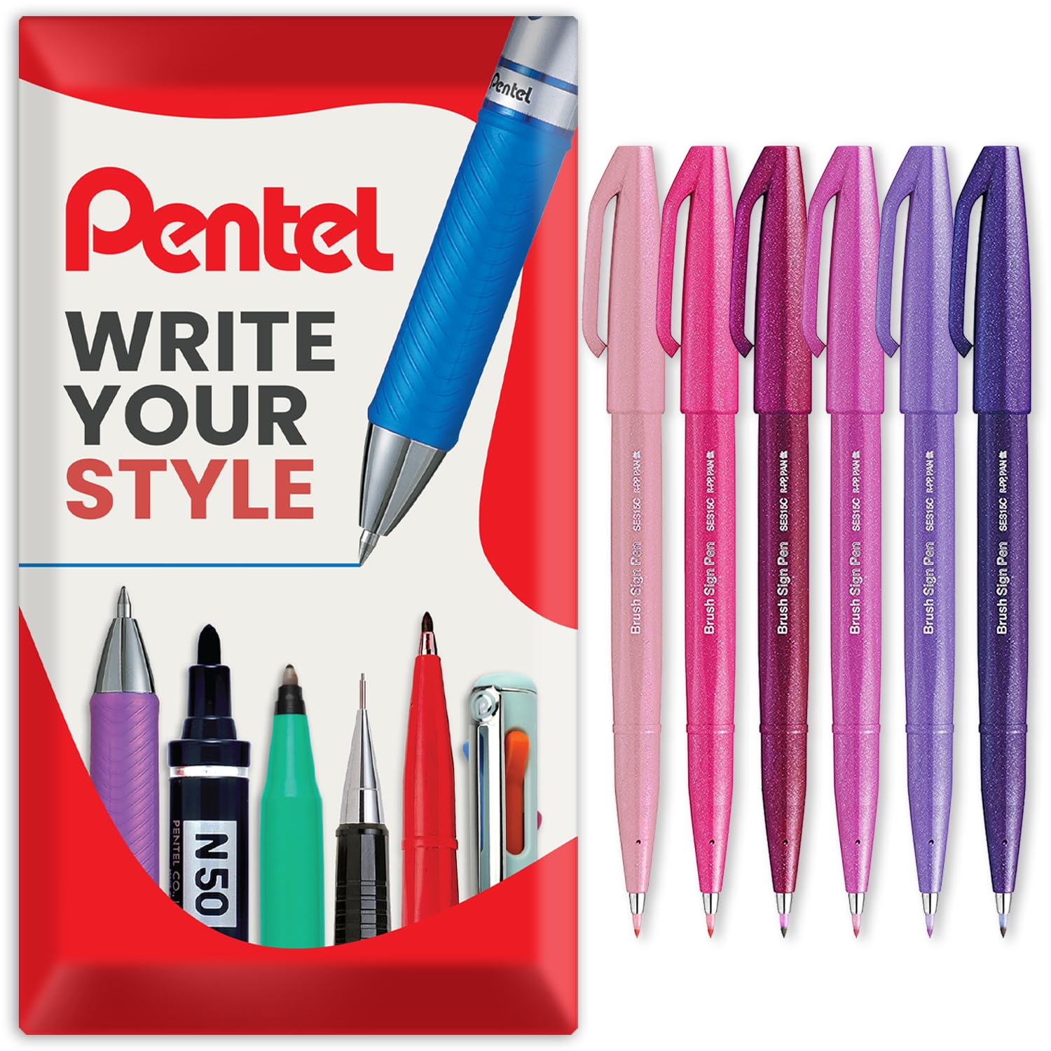 Pentel Brush Sign Pen SES15C - Brush Nib - Fibre Tip - Set of 6 - In Envelope Gift Packaging (Blossom Tones)