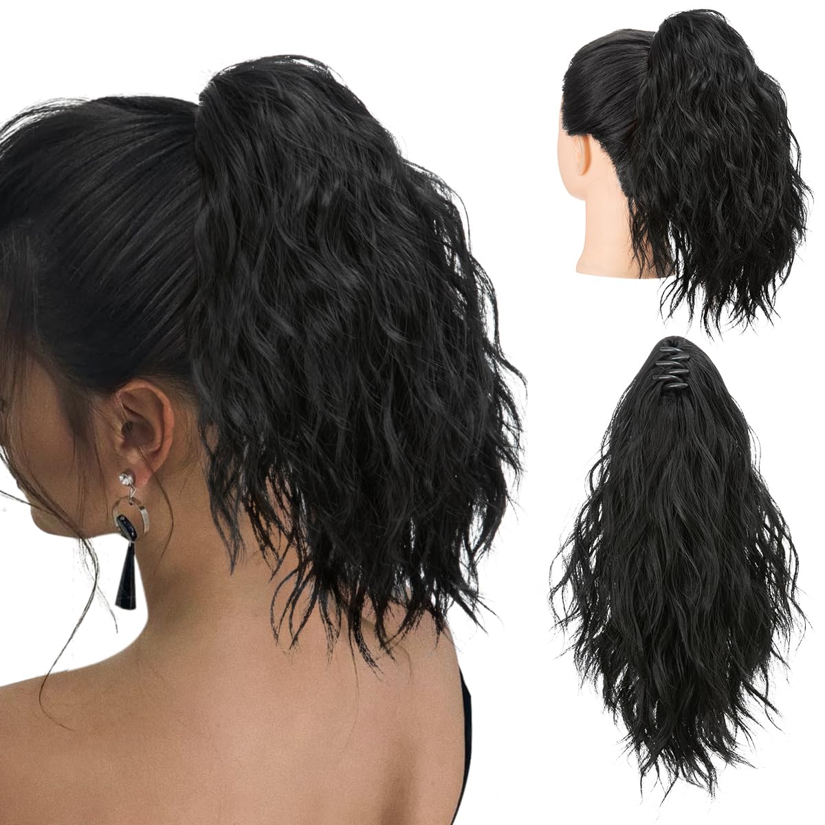 Photo 1 of SARLA Claw Clip in Short Ponytail Extension 13 Inch Fluffy Synthetic Curly Wavy Pony Tail Hairpiece for Women Jet Black