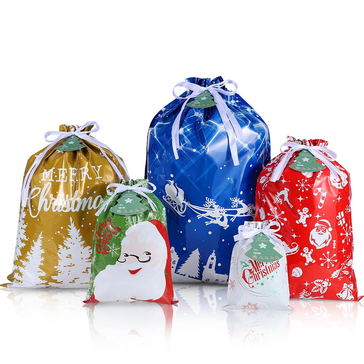 Unomor 36PCS Christmas Bags for in 5 Sizes, 5 Designs Christmas Drawstring Wrapping Bags with 36PCS Tags (Extra Large, Large, Medium, Normal, Small)